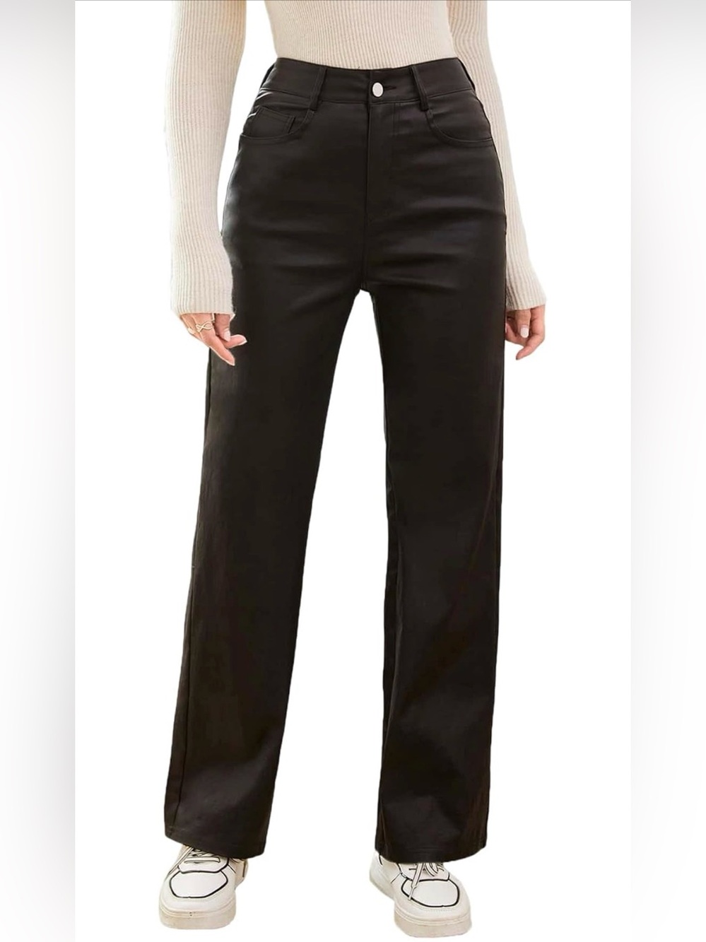 MakeMeChic Women's High Waist Pockets Straight Leg Jeans Leather Look Pants